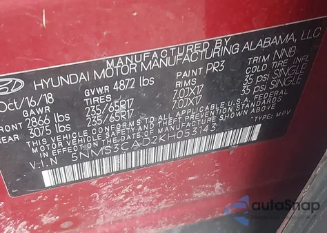 2019 Hyundai Santa Fe Sel z USA, uszkodzony, nr VIN 5NMS3CAD2KH053143